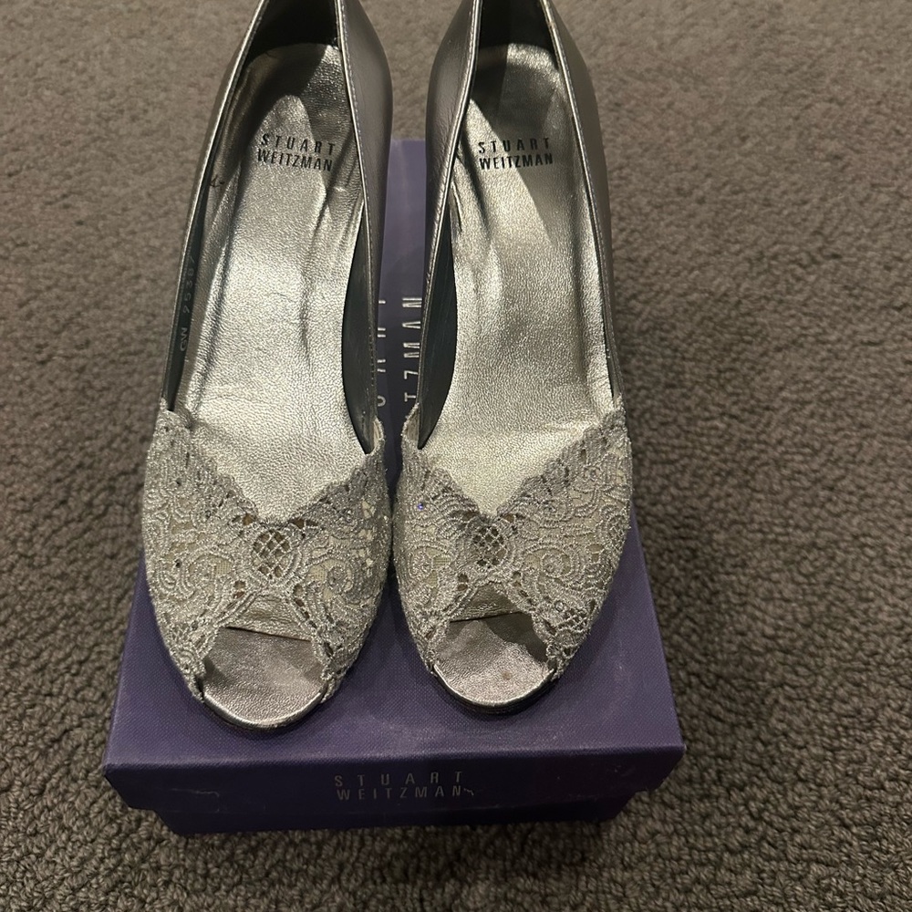Stuart Weitzman Metallic Silver Lace Heels